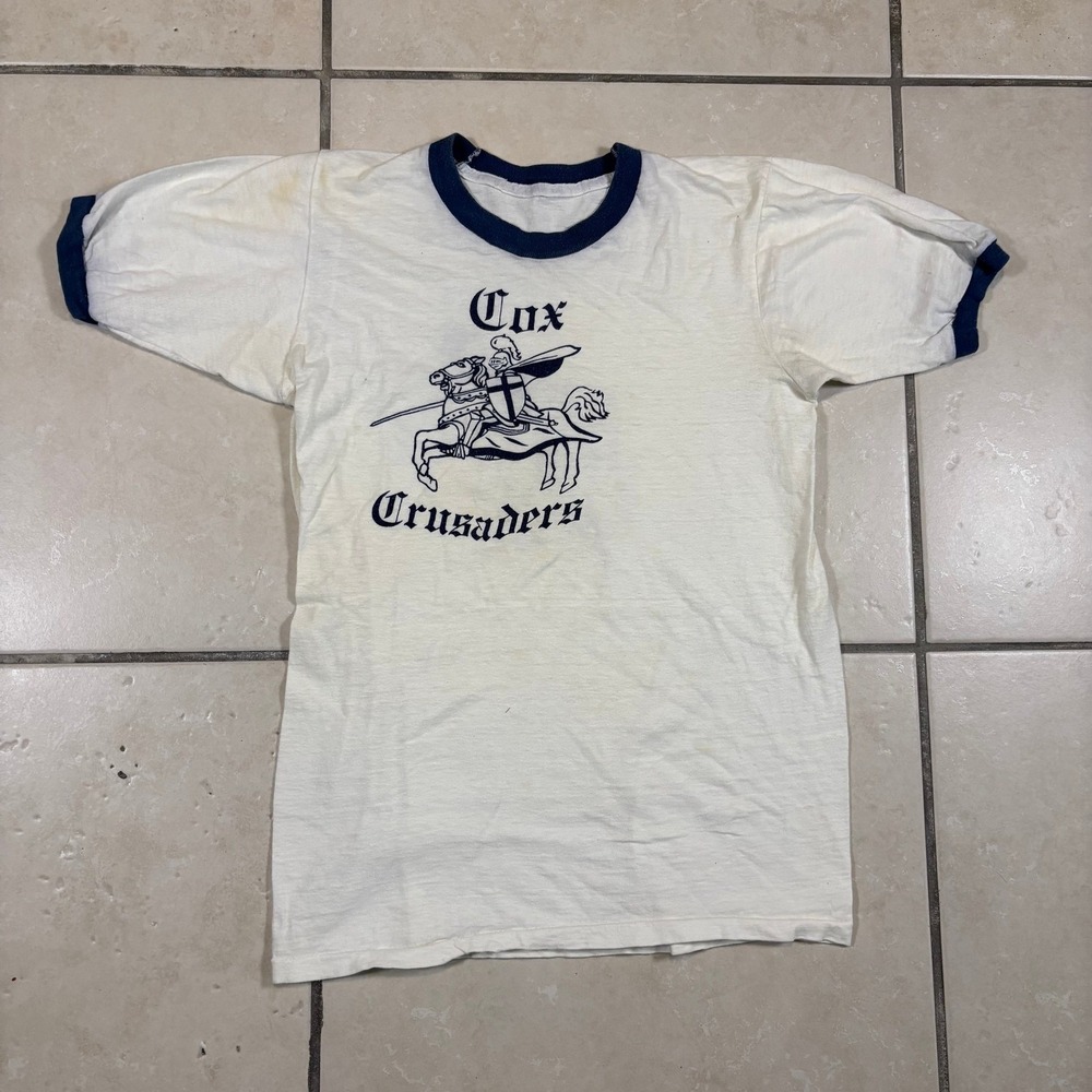 Vintage Cox Crusaders Ringer T-Shirt White Navy Blue Graphic Knight Number 5 S